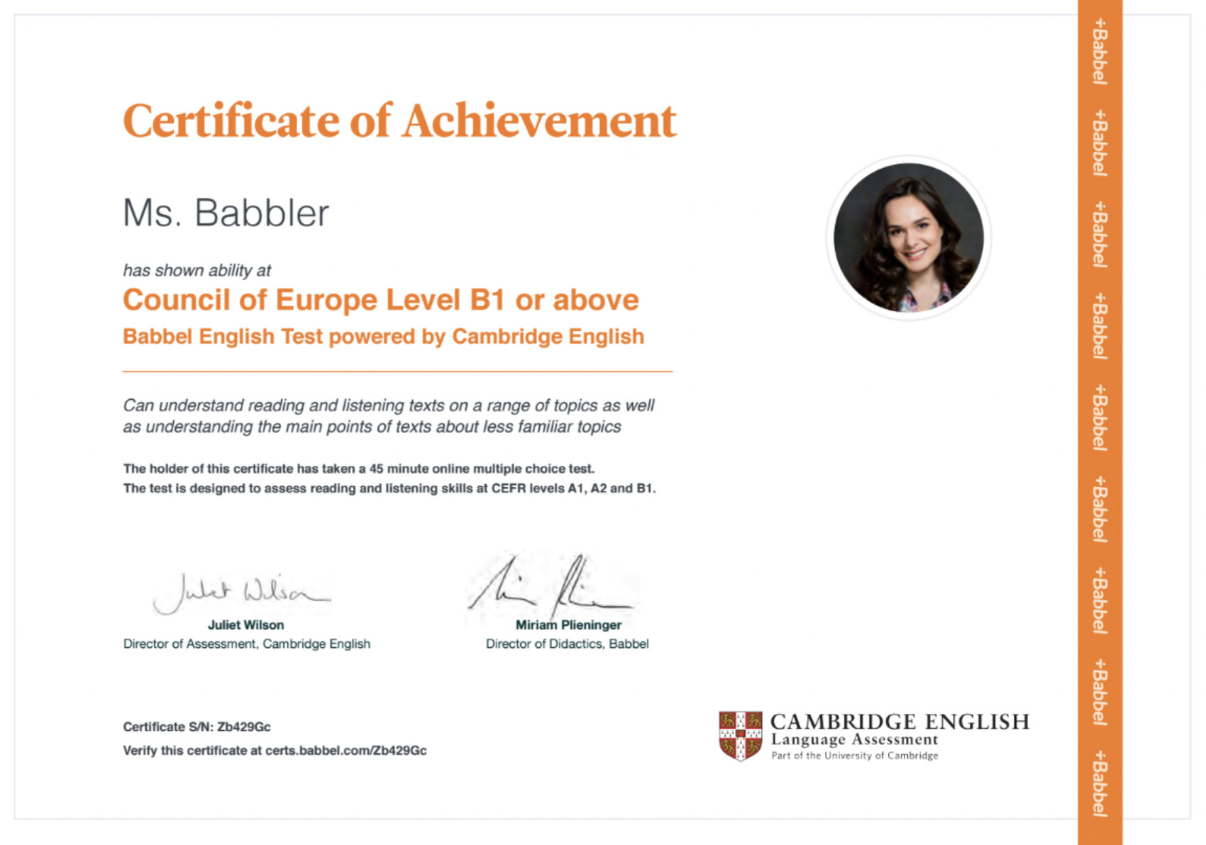 A Babbel Certificate of Achievement, co-branded with Cambridge English, showing a recipient's name, their CEFR level (B1 or above), signatures from the Directors of Assessment and Didactics, and a verification link.