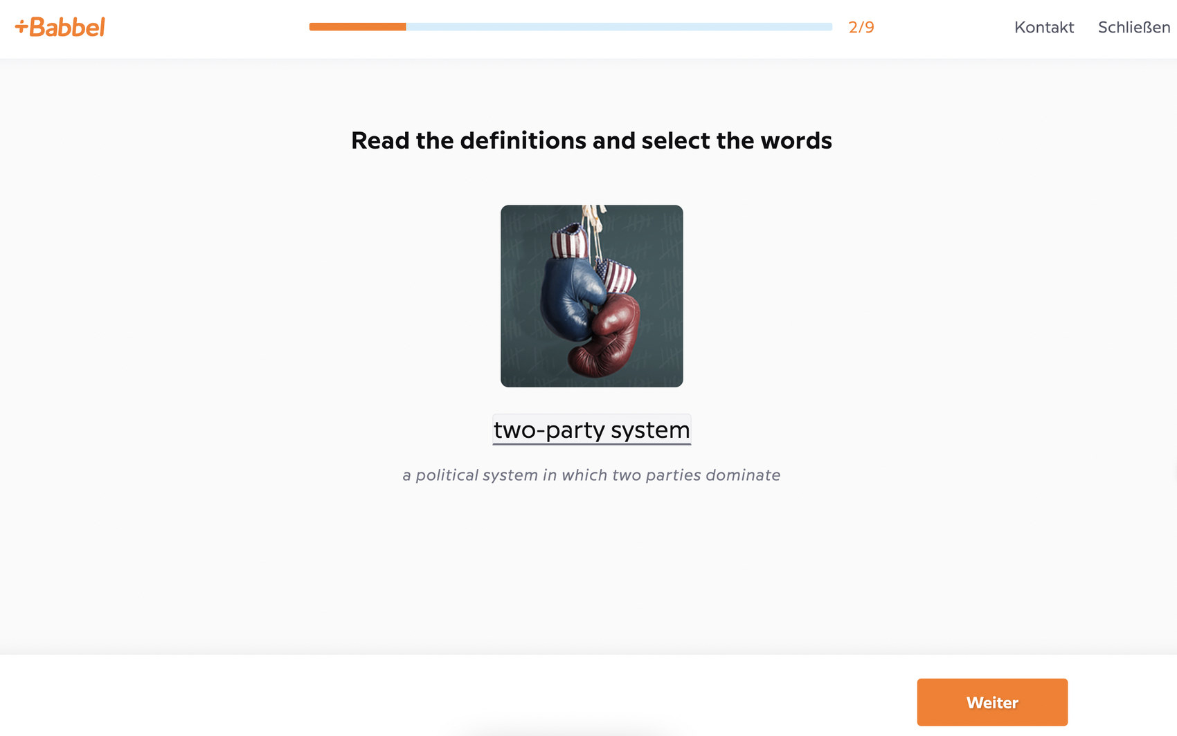 Babbel vocabulary exercise showing an image of boxing gloves in the colours of two political parties, the term two-party system, and the definition: a political system in which two parties dominate.