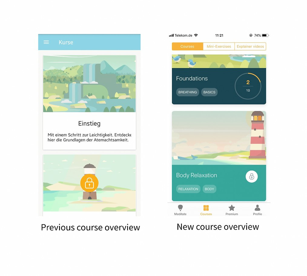 Side-by-side comparison of the course overview screen: the previous German-language version titled Kurse with a locked course, next to the new English version with Foundations and Body Relaxation courses, progress rings, and a lock icon on the premium course.