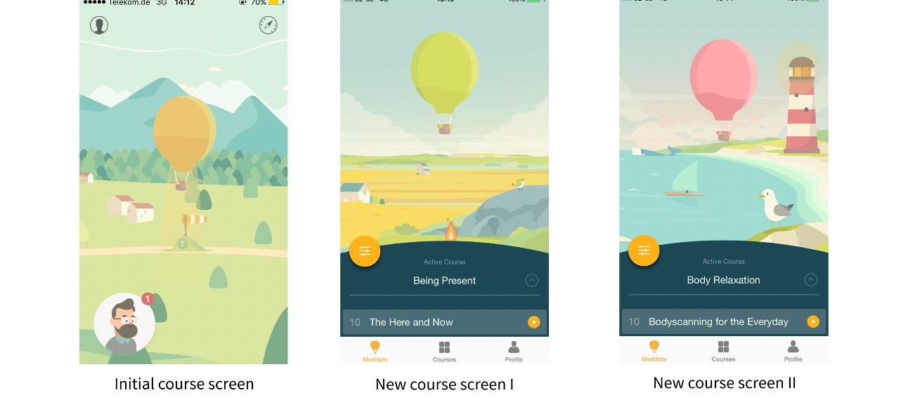 Three Ease app screens: the initial course screen with a balloon over green hills, a new course screen with a yellow balloon titled Being Present, and another new course screen with a pink balloon over a coastal lighthouse titled Body Relaxation.