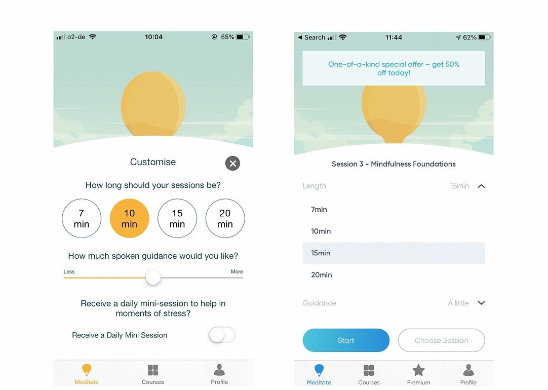 Side-by-side comparison of the customisation screen: an early work-in-progress version asking full questions like How much spoken guidance would you like, next to the final design using single-word labels like Guidance.