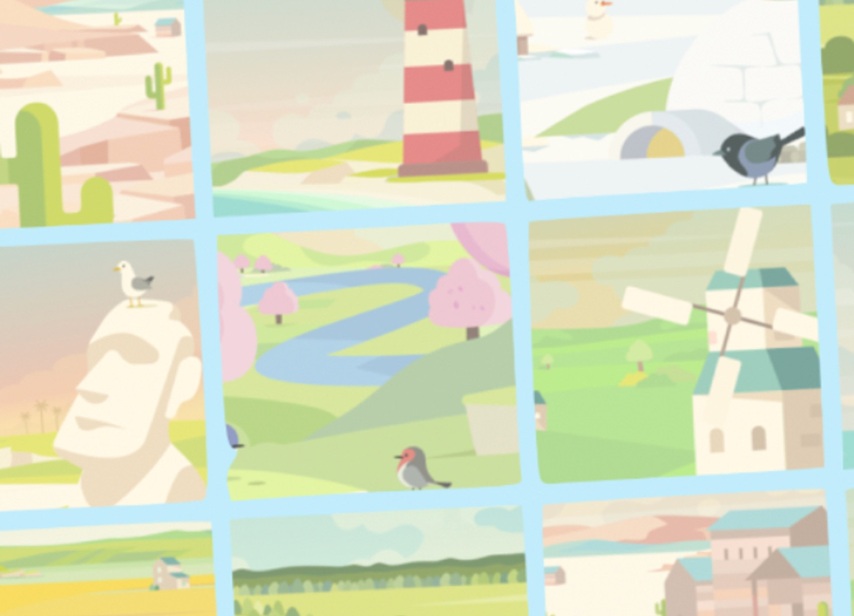 A collage of the small, layered illustrated worlds from the Ease app — a desert with cacti, a striped lighthouse, an igloo, a moai statue, a cherry-blossom river, and a windmill, each with its own bird.