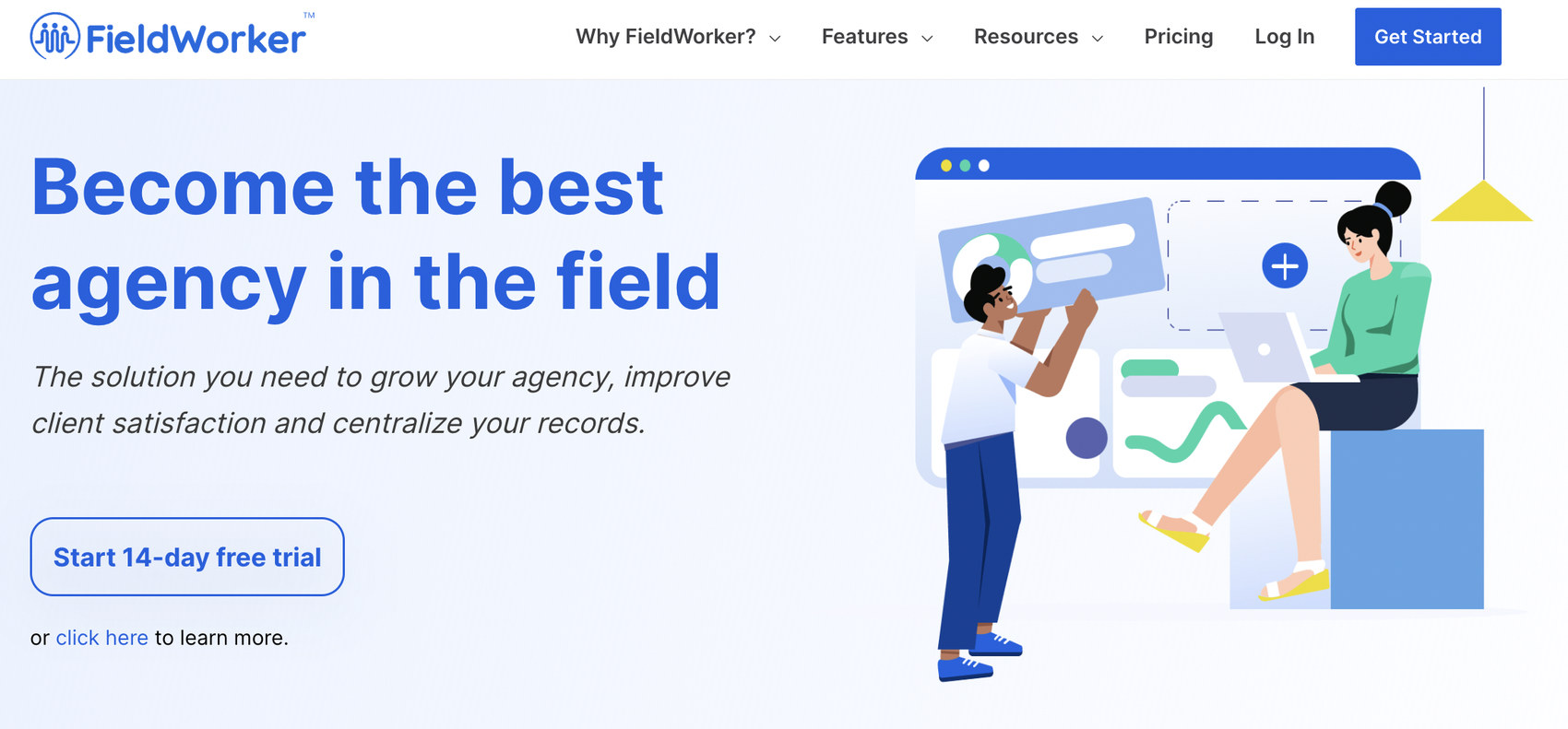 FieldWorker homepage with the headline: Become the best agency in the field. The solution you need to grow your agency, improve client satisfaction and centralize your records. With a Start 14-day free trial button.