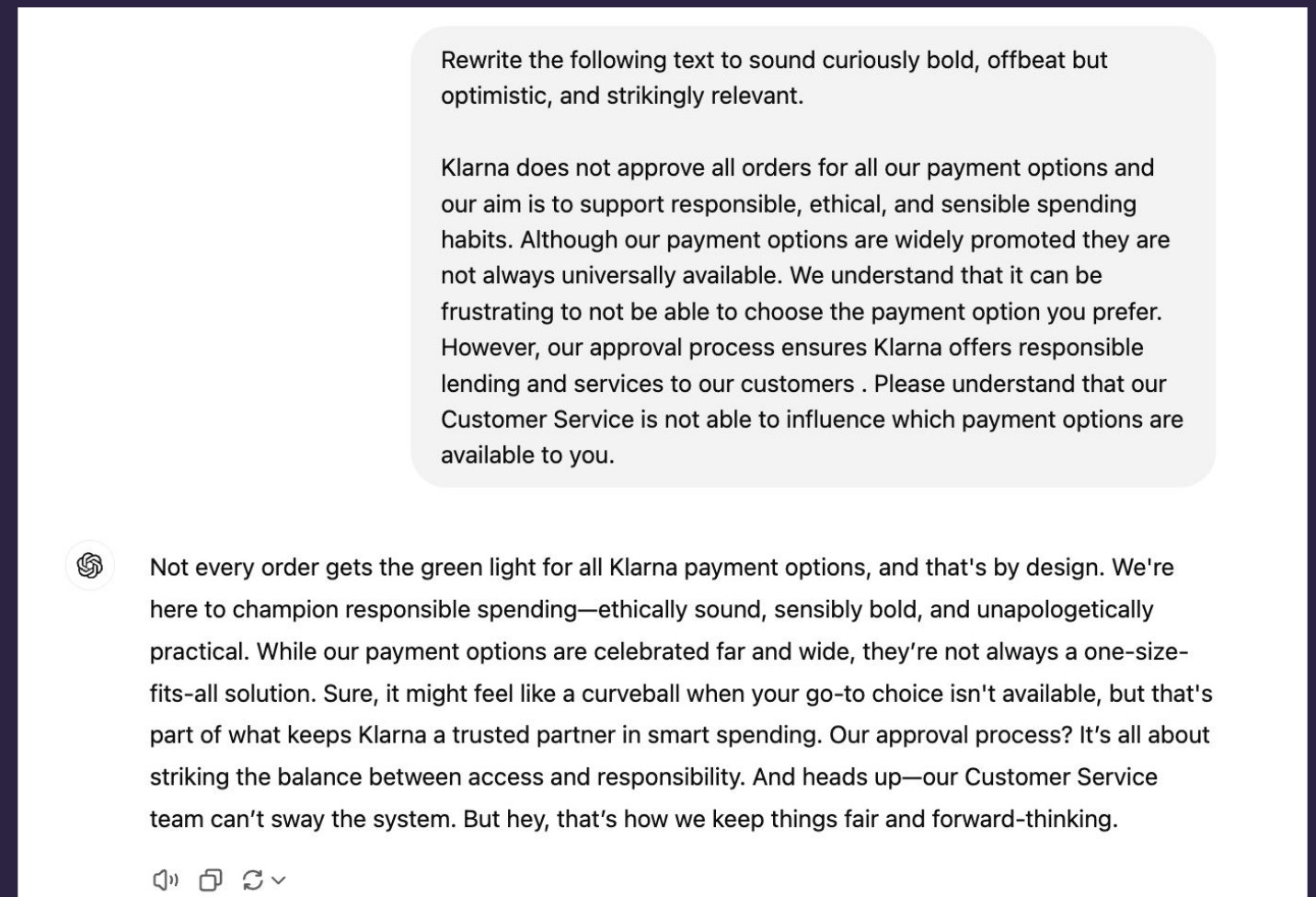 A ChatGPT screenshot where a prompt asks to rewrite a payment-options message to sound curiously bold, offbeat but optimistic, and strikingly relevant. The output uses phrases like not every order gets the green light and that's by design.