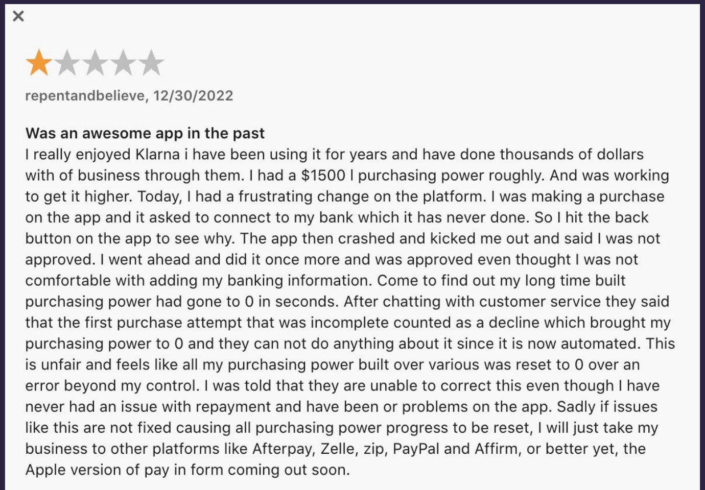 A one-star Klarna app review titled Was an awesome app in the past, describing a frustrating experience with automated purchasing power being reset to zero, with the customer saying they'll move to other platforms like Afterpay or PayPal.