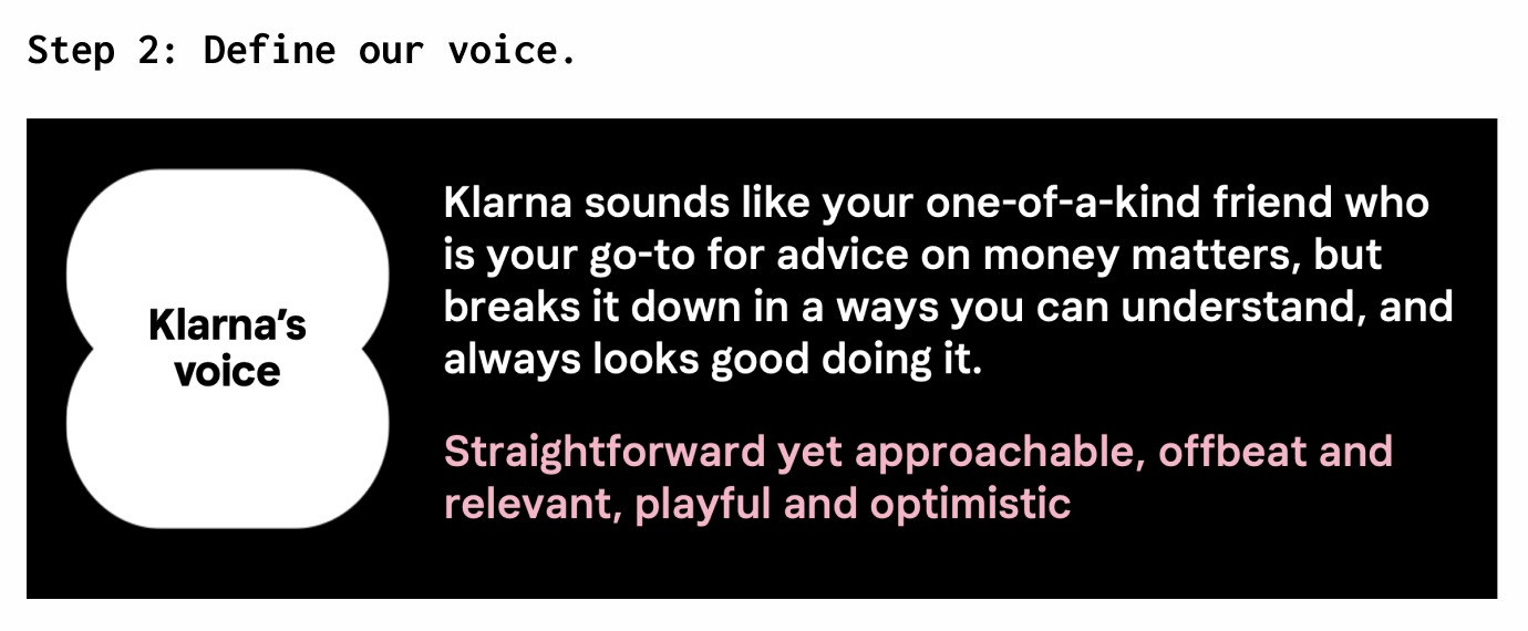 Workshop slide titled Step 2: Define our voice. A black panel labelled Klarna's voice reads: Klarna sounds like your one-of-a-kind friend who is your go-to for advice on money matters, but breaks it down in ways you can understand, and always looks good doing it. Below in pink: Straightforward yet approachable, offbeat and relevant, playful and optimistic.