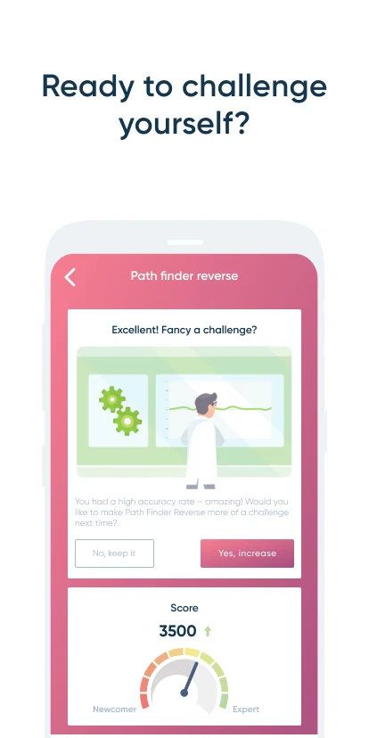 NeuroNation app screen prompting: Ready to challenge yourself? Excellent! Fancy a challenge? with options to keep the current difficulty or increase it.