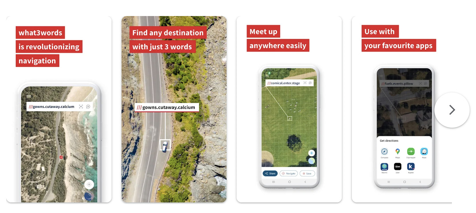 what3words English Google Play listing with red banners reading what3words is revolutionizing navigation, find any destination with just 3 words, meet up anywhere easily, and use with your favourite apps.